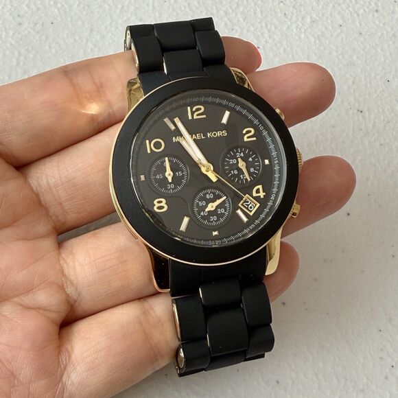 Michael Kors Runway Chronograph Gold Tone Black Silicone Women’s Watch 38mm - Picture 1 of 8